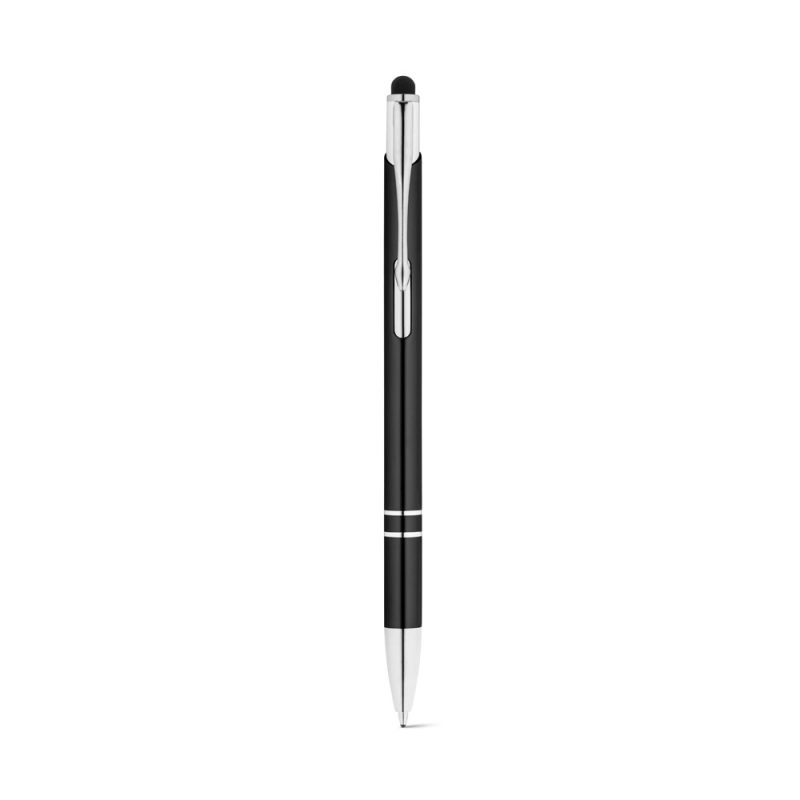 Black ink pen with silver accents on white background.
