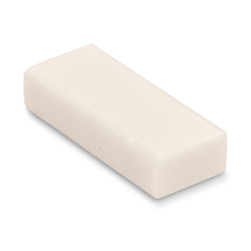 White rectangular rubber eraser on white background.