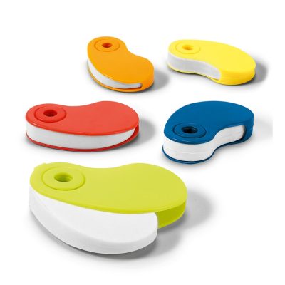 Colourful magnetic paper clips on white background