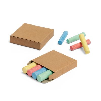 Coloured chalks in a cardboard box.
