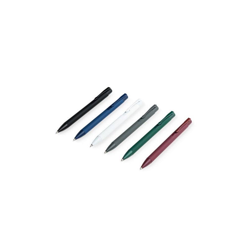 Six colourful pens aligned in a row