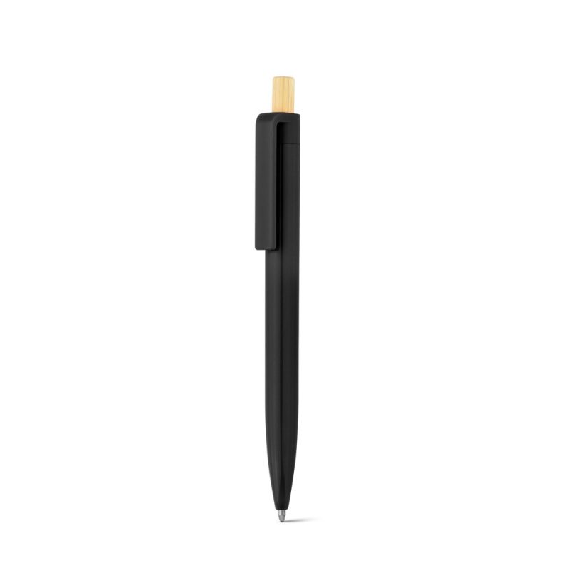 Black pen with wooden clicker top.