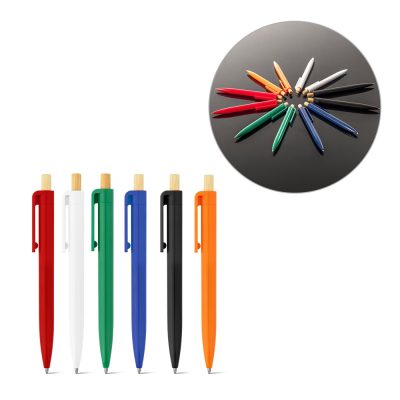 Colourful pens arranged in a circle and line.