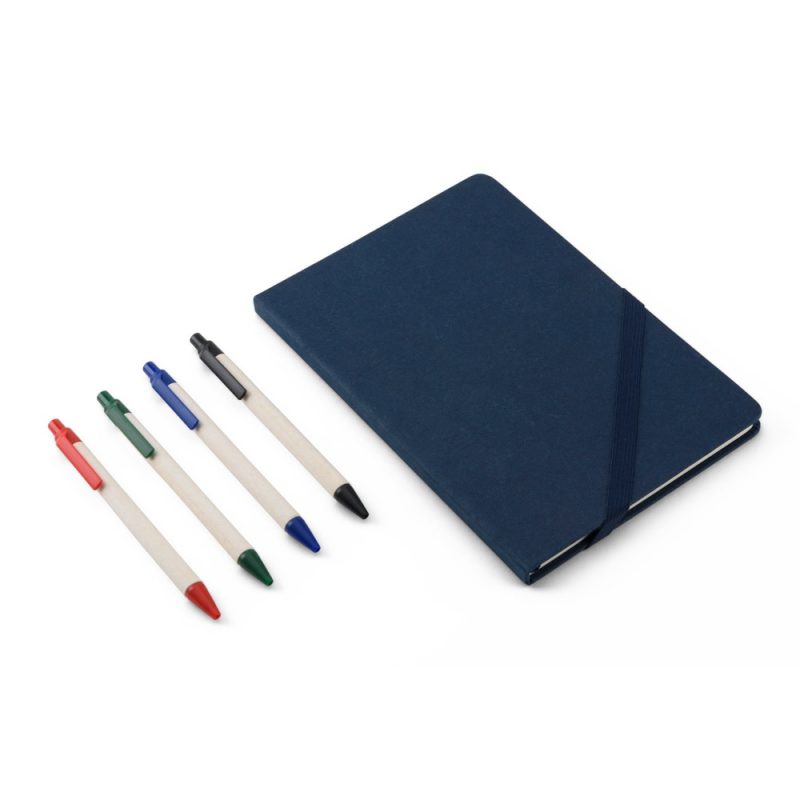 Blue notebook with four coloured pens