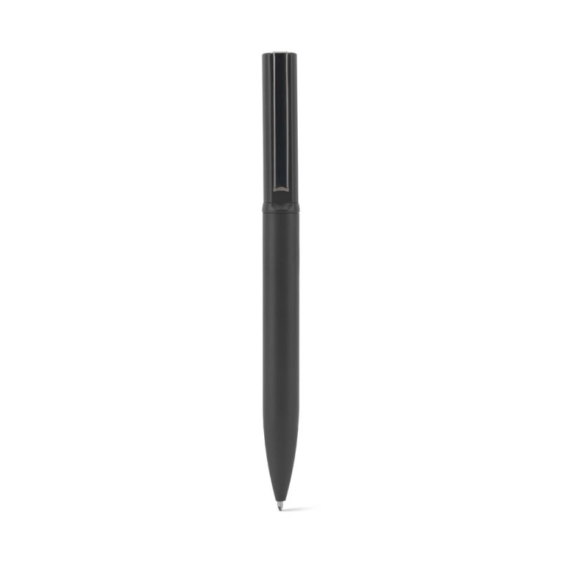Sleek black ballpoint pen on white background.