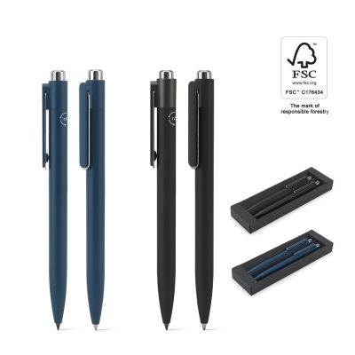 Set of black and blue pens in boxes.