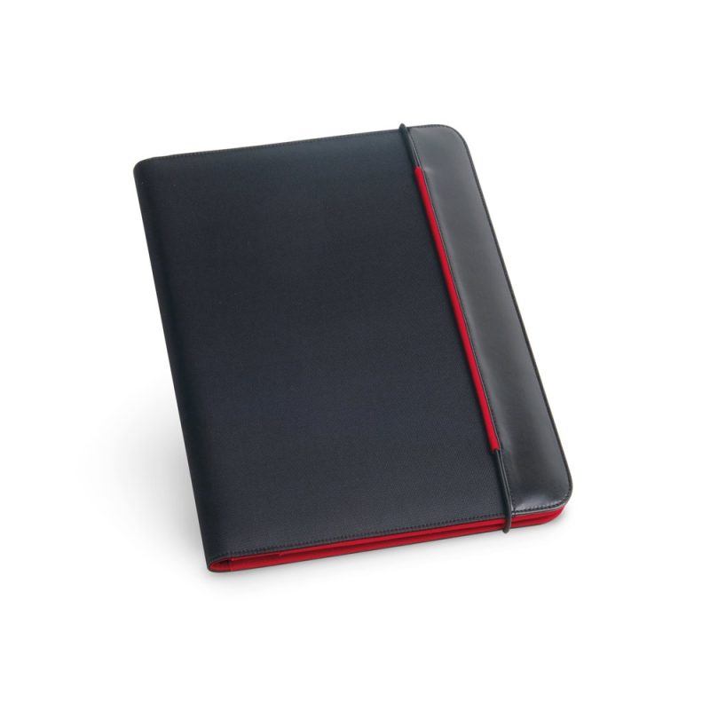 Black and red leather notebook closed