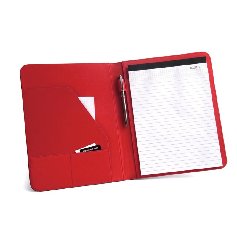 Red folder with notepad, pen, and pockets.