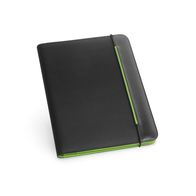Black folder with green highlights and elastic closure.