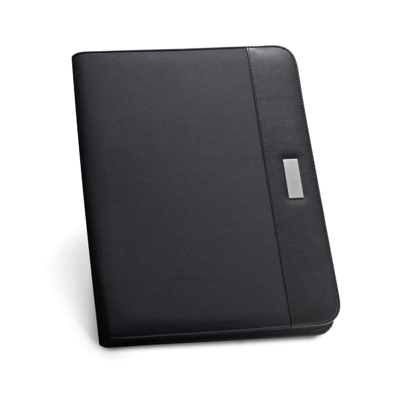 Black leather business folder organiser with clasp.