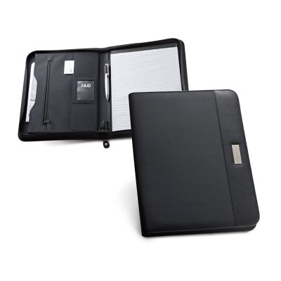 Black leather folder with stationery compartments.
