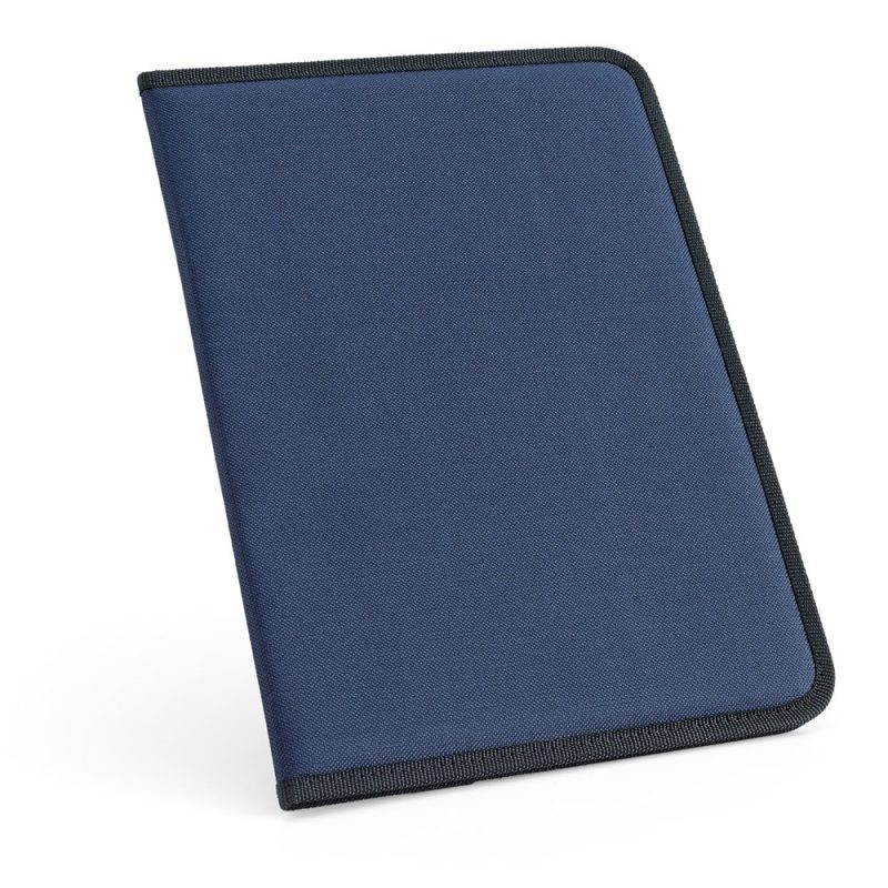 Blue fabric document holder with black trim