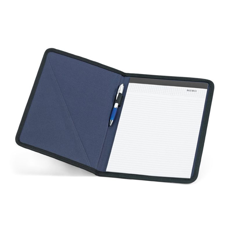 Open folder with pen and memo pad inside.