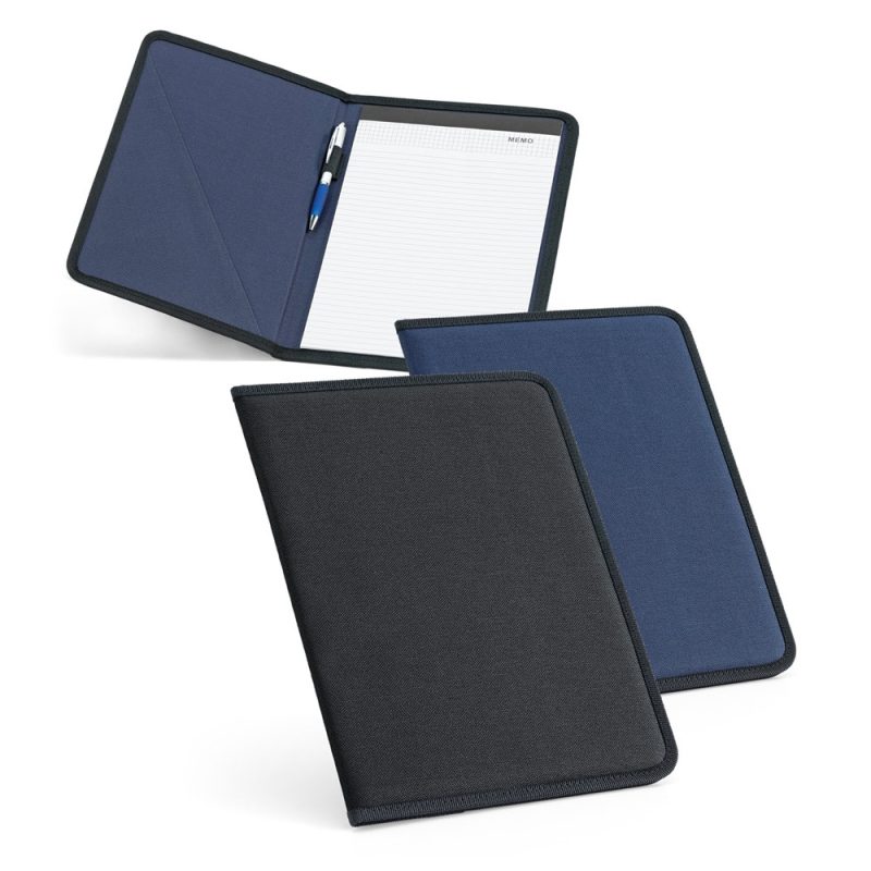 Blue and black portfolio folders with notepad and pen.