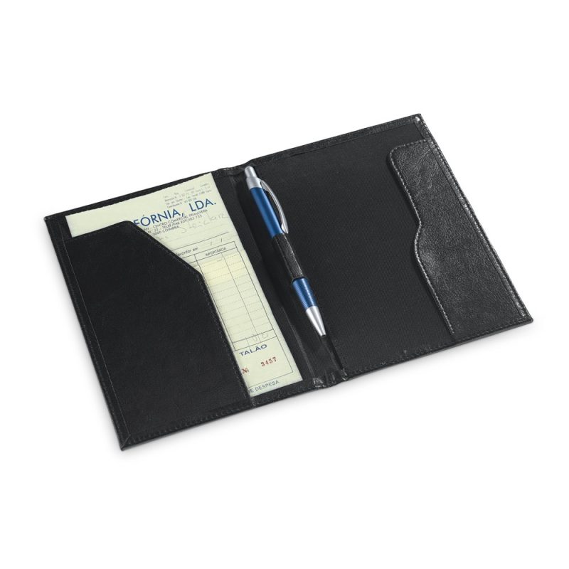 Open leather checkbook holder with pen and receipt