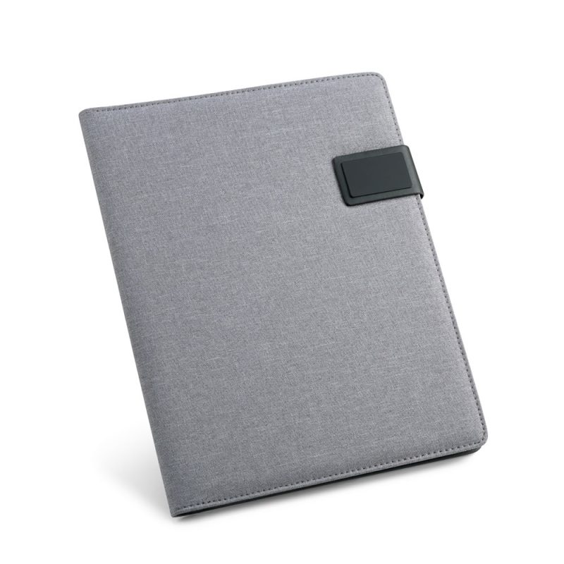 Grey fabric folder with black clasp