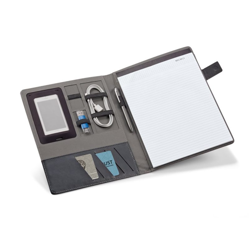 Organiser with notebook, pen, phone, USB, and cards.