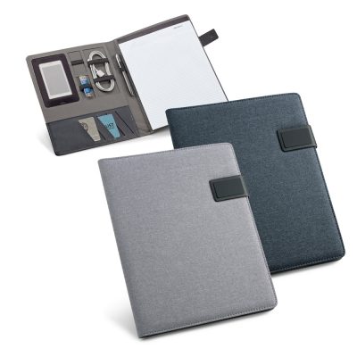 Grey and black notebooks with storage pockets inside.