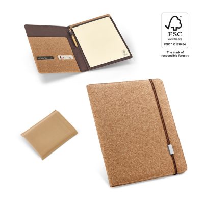 Eco-friendly cork folder with notepad and pen.