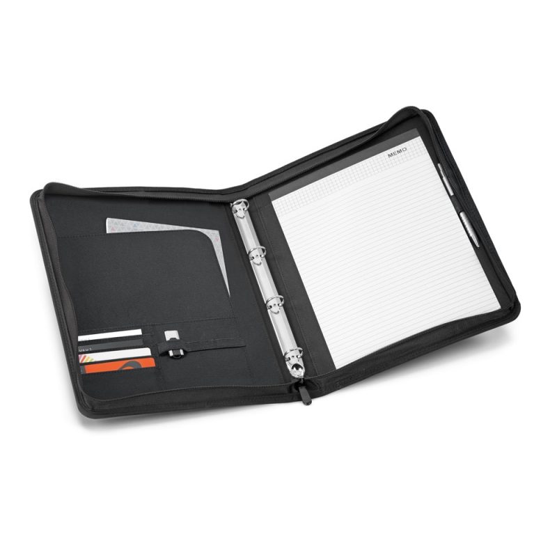 Open black organiser with notepad and pockets
