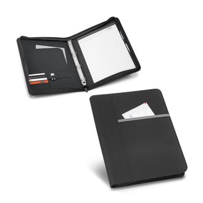 Black folder with pockets and notepad.