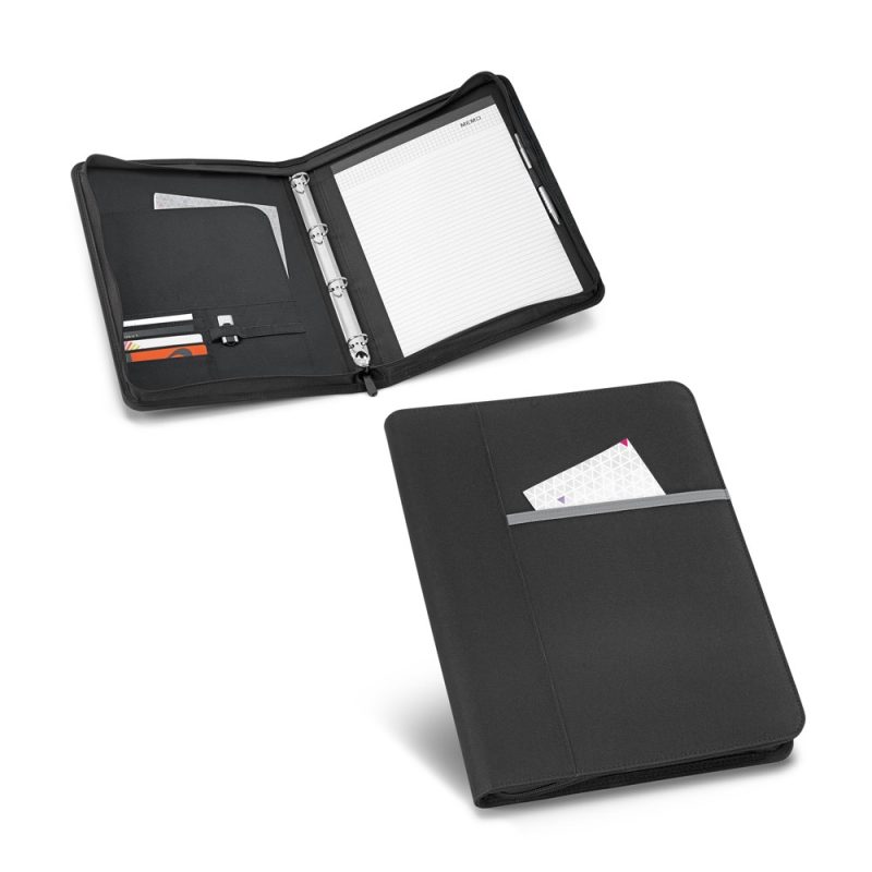 Black folder with pockets and notepad.
