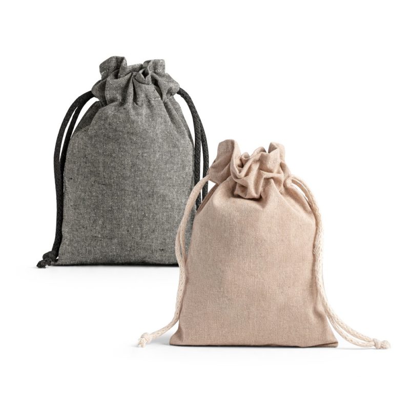 Two drawstring fabric bags, grey and beige.