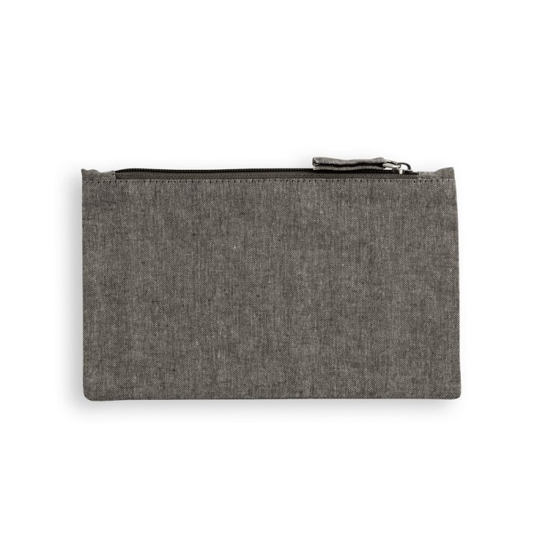 Grey zippered fabric pouch on white background.