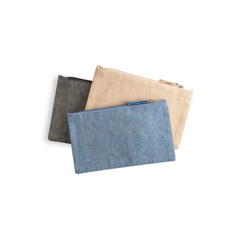 Three fabric zip pouches in different colours.