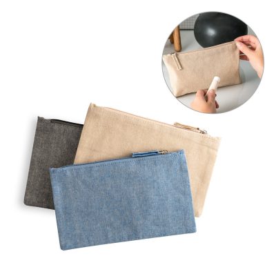 Three fabric zip pouches in beige, blue, black.