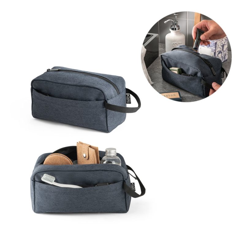 Dark blue toiletry bag with zip, various toiletries inside.