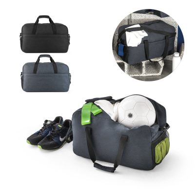 Sports bags with shoes, football, and clothes shown.
