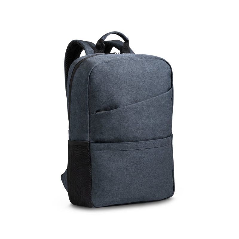 Grey backpack with multiple pockets on white background.