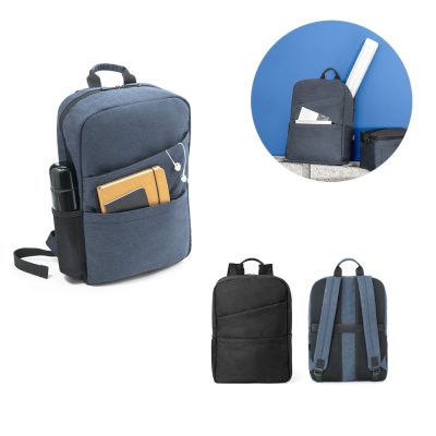 Blue backpacks with compartments, notebooks, and bottle.