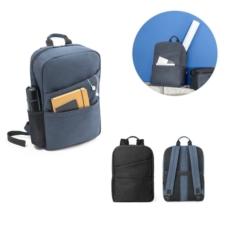 Blue backpacks with compartments, notebooks, and bottle.