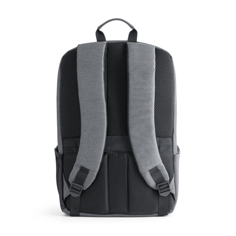 Grey backpack with padded straps and mesh back.