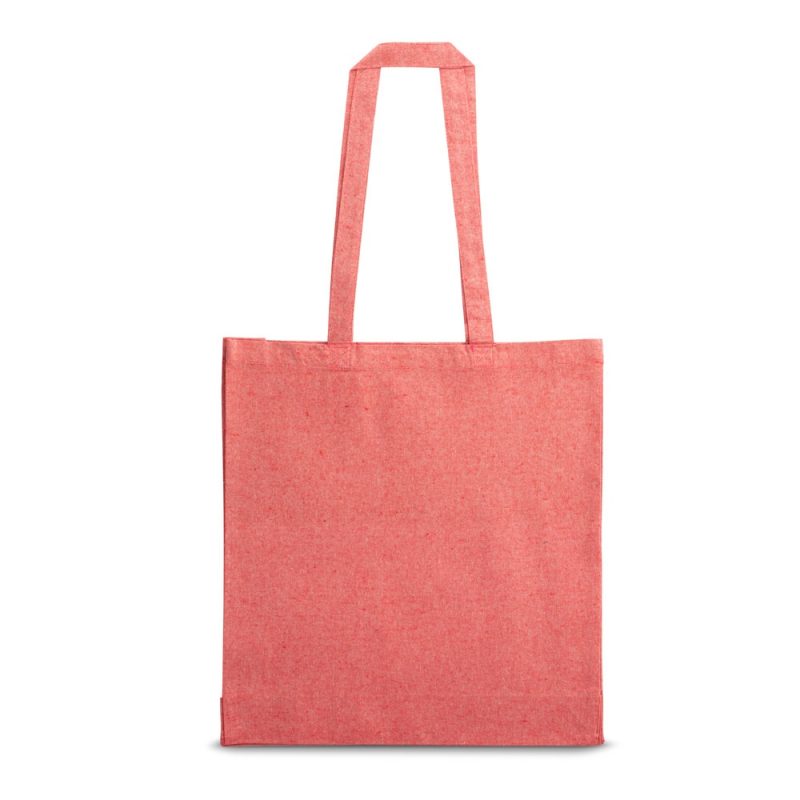 Red tote bag with long handles.