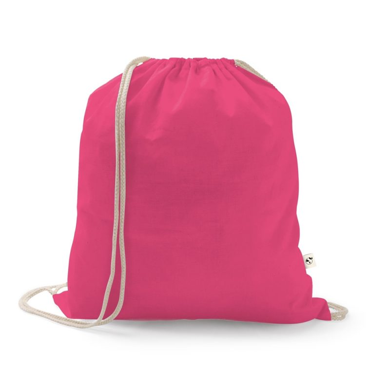 Bright pink drawstring bag with white cords.