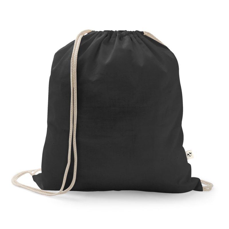 Black drawstring bag with white cords.