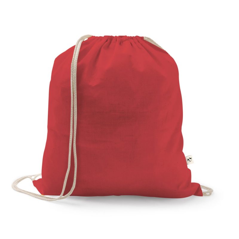 Red drawstring bag with white cords.