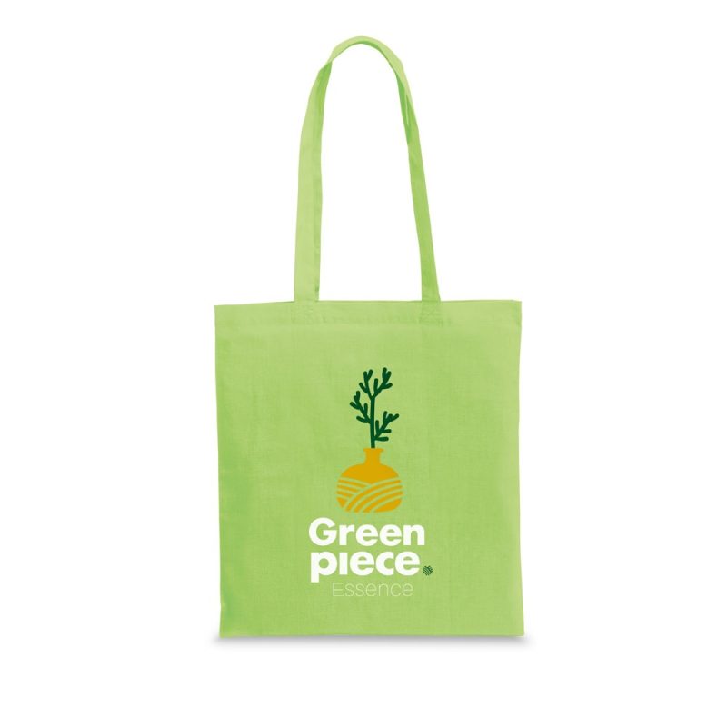 Green tote bag with abstract plant design.