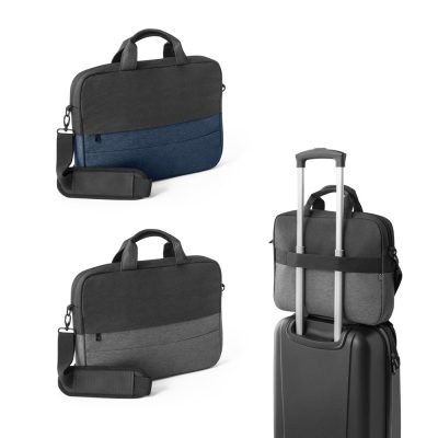 Three stylish laptop bags with suitcase attachment.