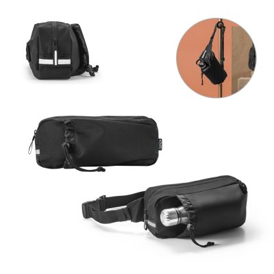Black bottle holder bag with reflective stripe.