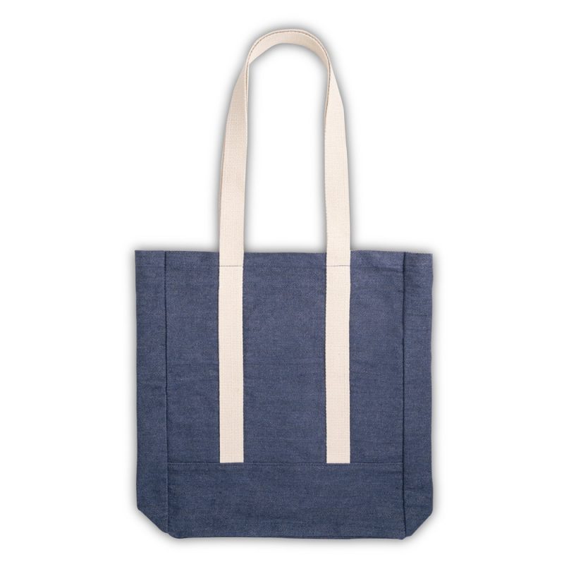 Navy blue tote bag with long white handles.
