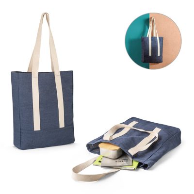Blue cotton tote bag with beige handles.
