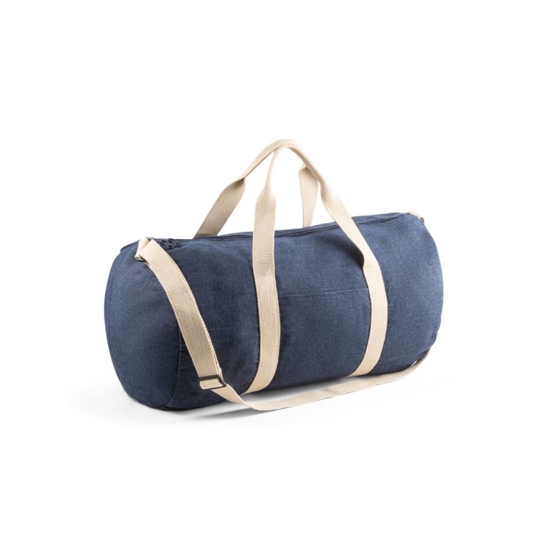 Blue duffle bag with beige straps