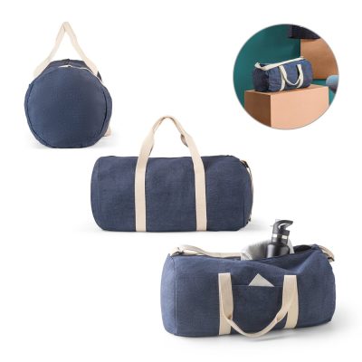 Blue duffel bag with white straps and accessories.