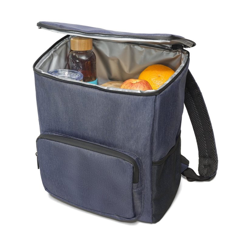 Insulated backpack with lunch items inside.