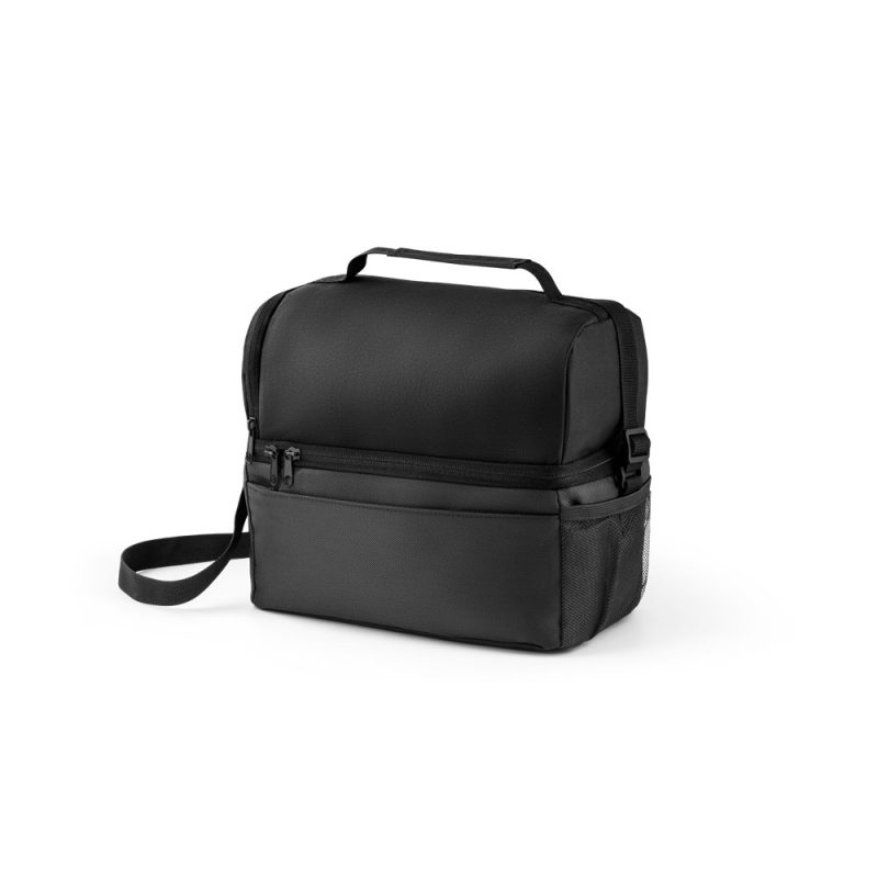 Black insulated lunch bag with handle and strap.