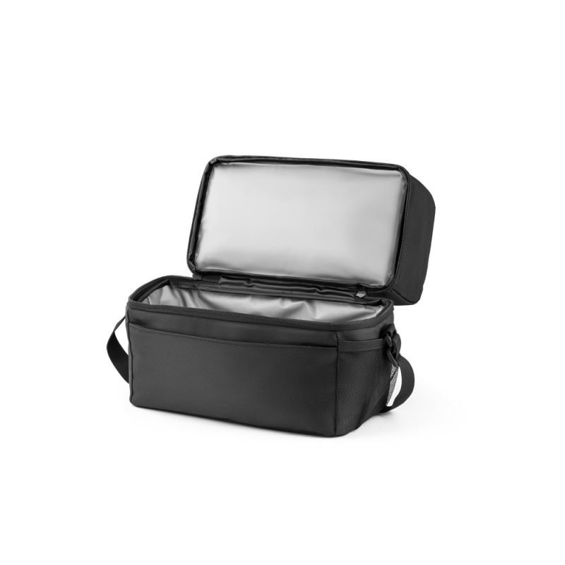Open black insulated cooler bag on display